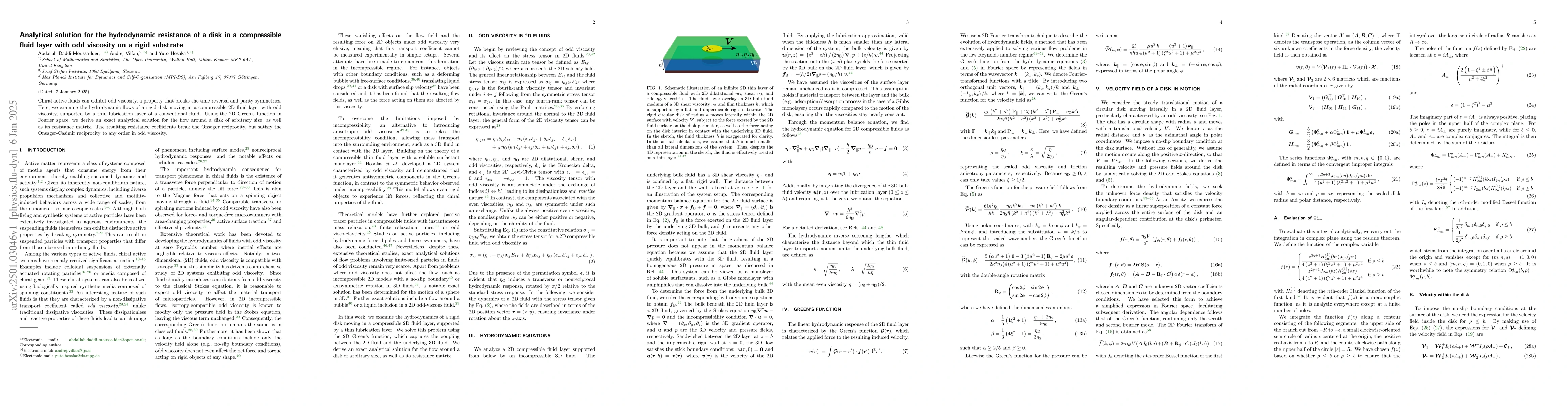 Thumbnail for Analytical solution for the hydrodynamic resistance of a disk in a
  compressible fluid layer with odd viscosity on a rigid substrate
