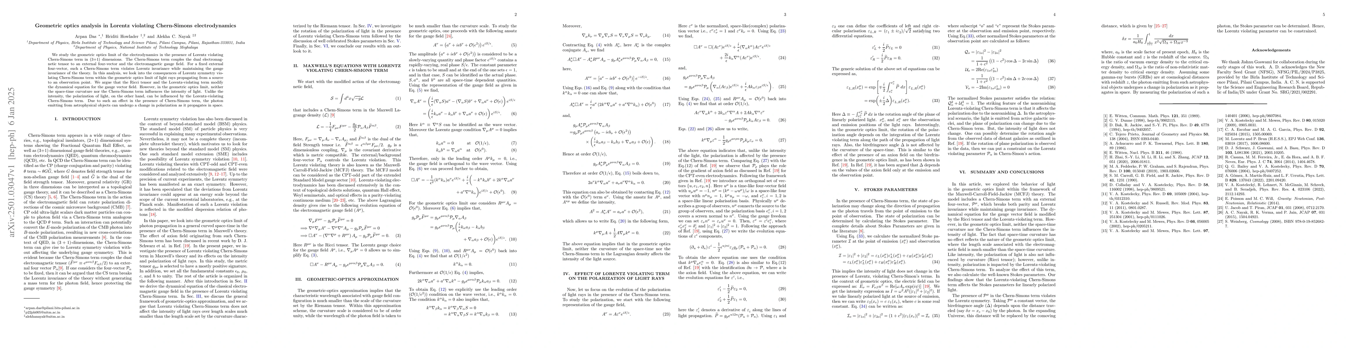 Thumbnail for Geometric optics analysis in Lorentz violating Chern-Simons
  electrodynamics