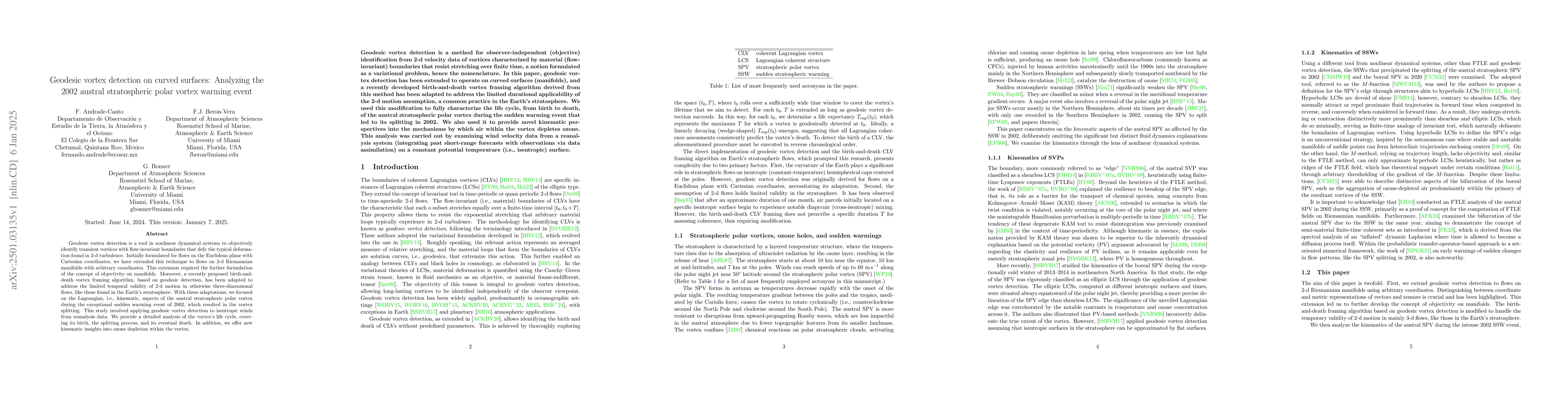 Thumbnail for Geodesic vortex detection on curved surfaces: Analyzing the 2002 austral
  stratospheric polar vortex warming event