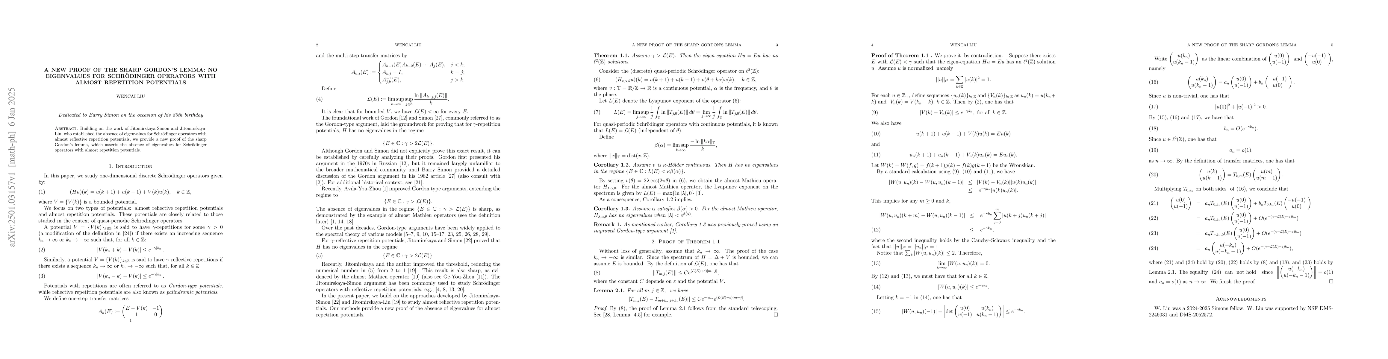 Thumbnail for A New Proof of the Sharp Gordon's Lemma: No Eigenvalues for
  Schrödinger Operators with Almost Repetition Potentials