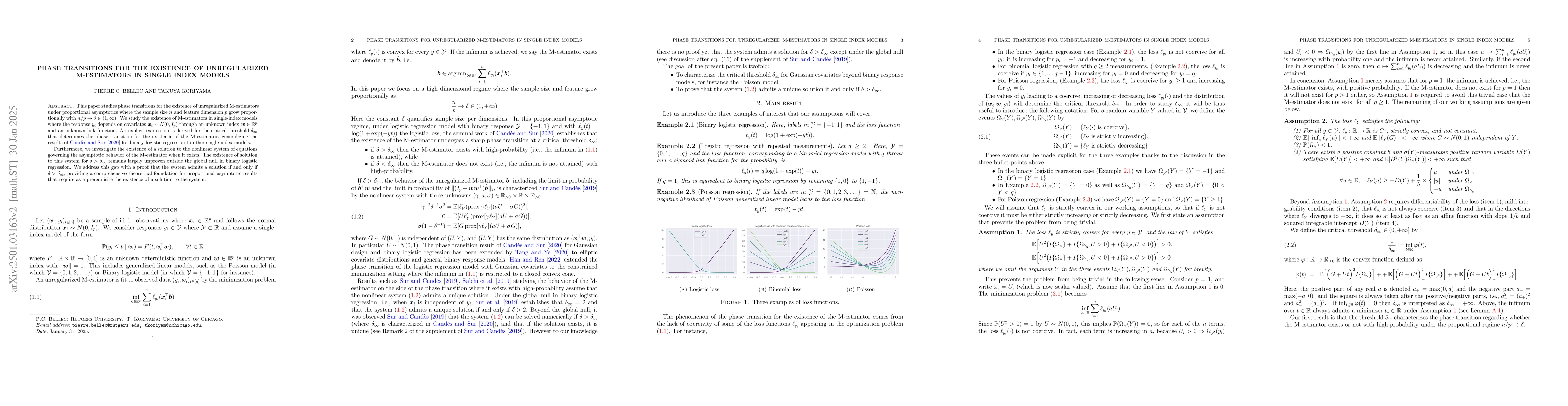 Thumbnail for Phase transition for unregularized M-estimation in single index model