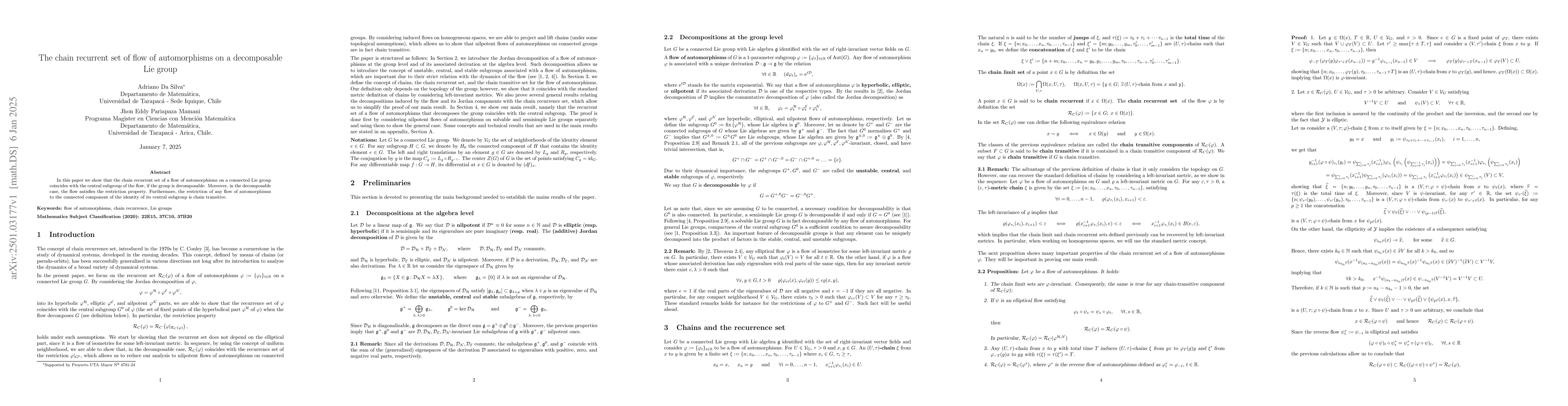 Thumbnail for The chain recurrent set of flow of automorphisms on a decomposable Lie
  group