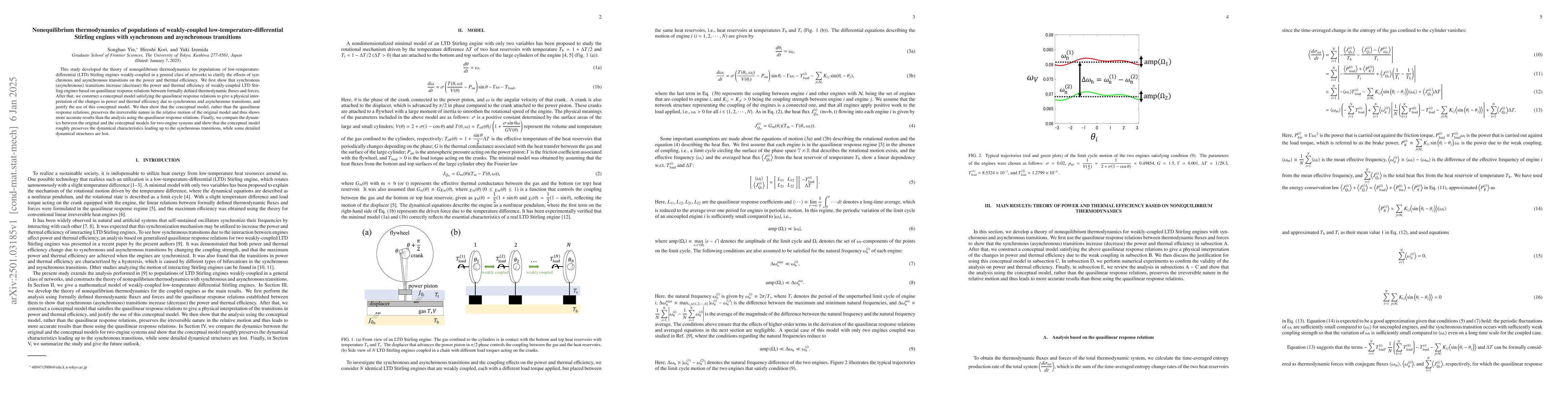 Thumbnail for Nonequilibrium thermodynamics of populations of weakly-coupled
  low-temperature-differential Stirling engines with synchronous and
  asynchronous transitions