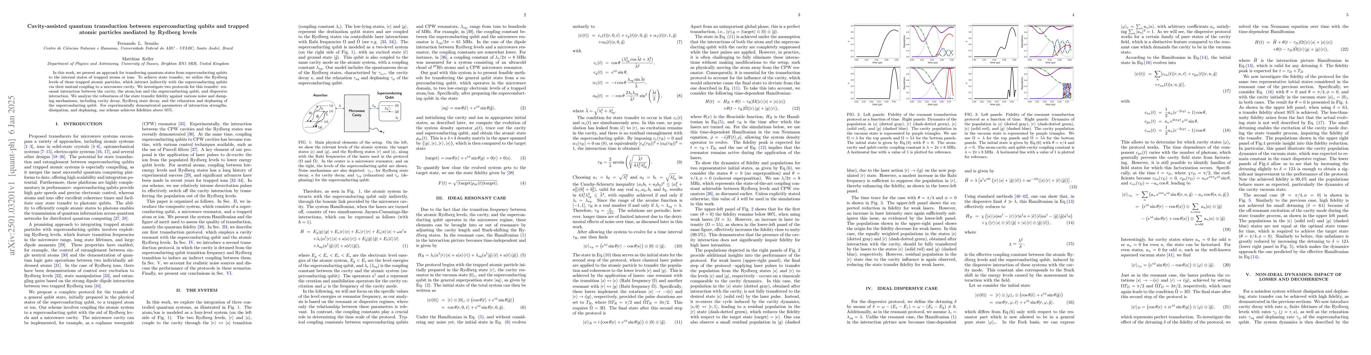 Thumbnail for Cavity-assisted quantum transduction between superconducting qubits and
  trapped atomic particles mediated by Rydberg levels