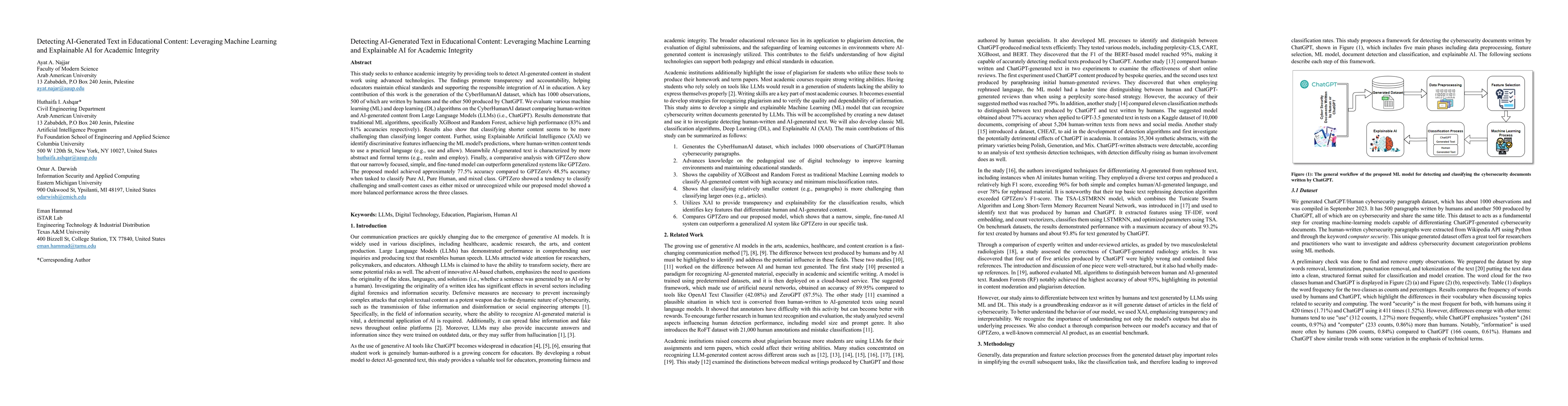 Thumbnail for Detecting AI-Generated Text in Educational Content: Leveraging Machine
  Learning and Explainable AI for Academic Integrity