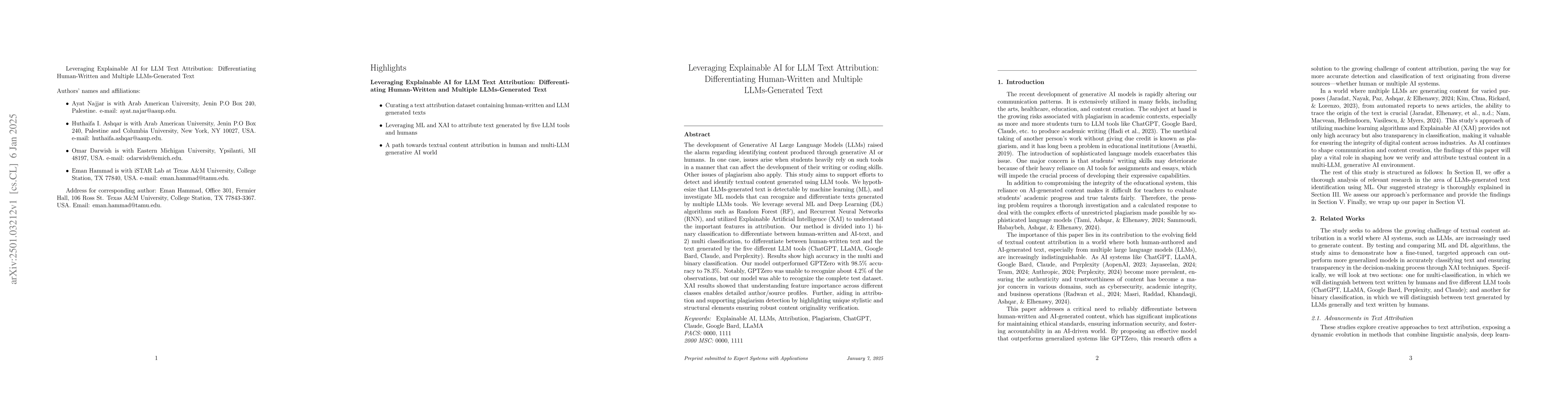 Thumbnail for Leveraging Explainable AI for LLM Text Attribution: Differentiating
  Human-Written and Multiple LLMs-Generated Text