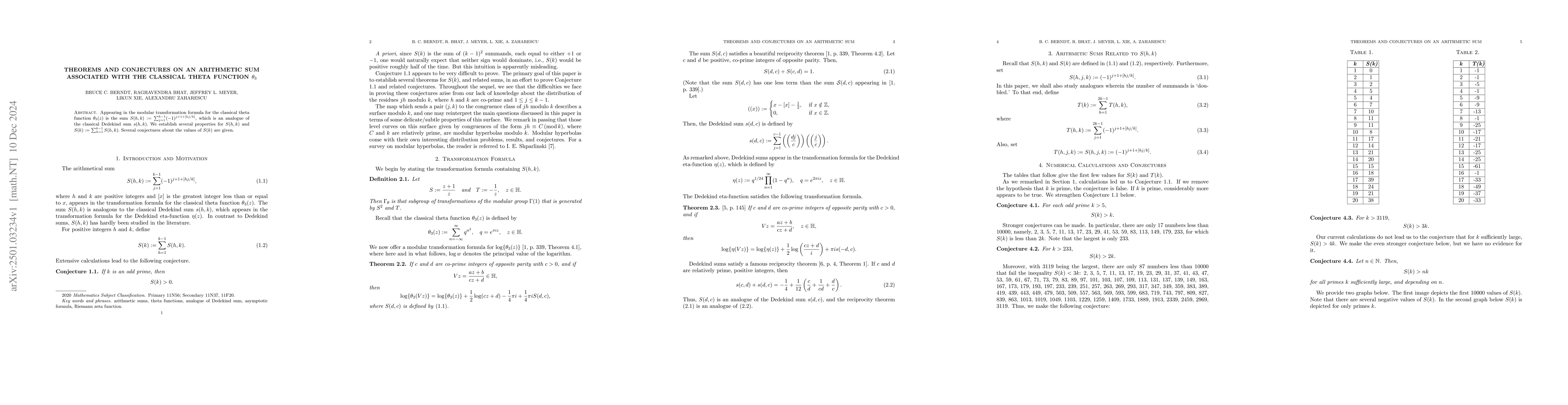 Thumbnail for Theorems and Conjectures on an Arithmetic Sum Associated with the
  Classical Theta Function $θ_3$