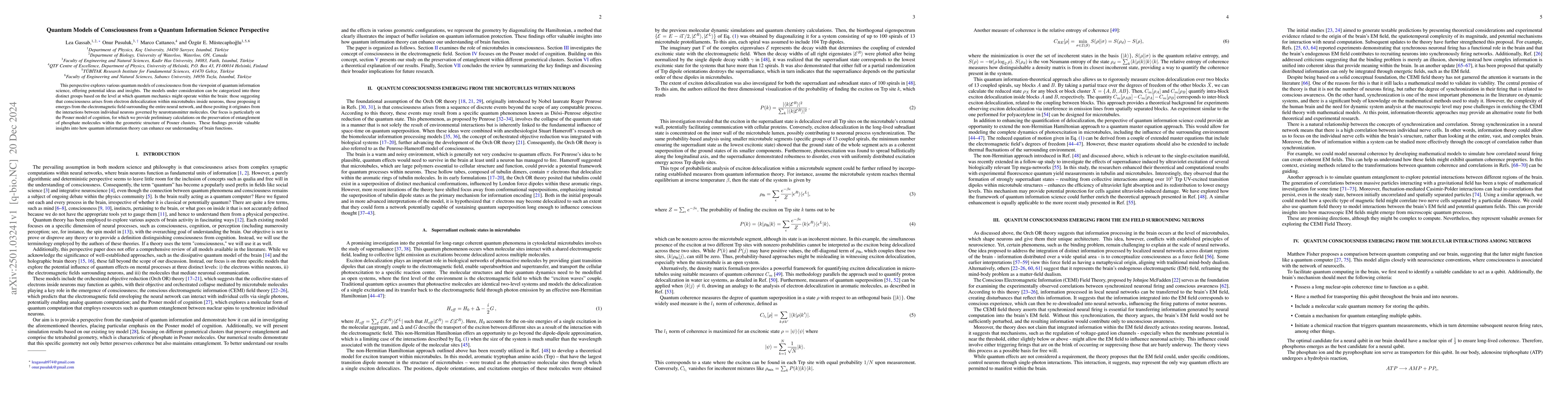 Thumbnail for Quantum Models of Consciousness from a Quantum Information Science
  Perspective