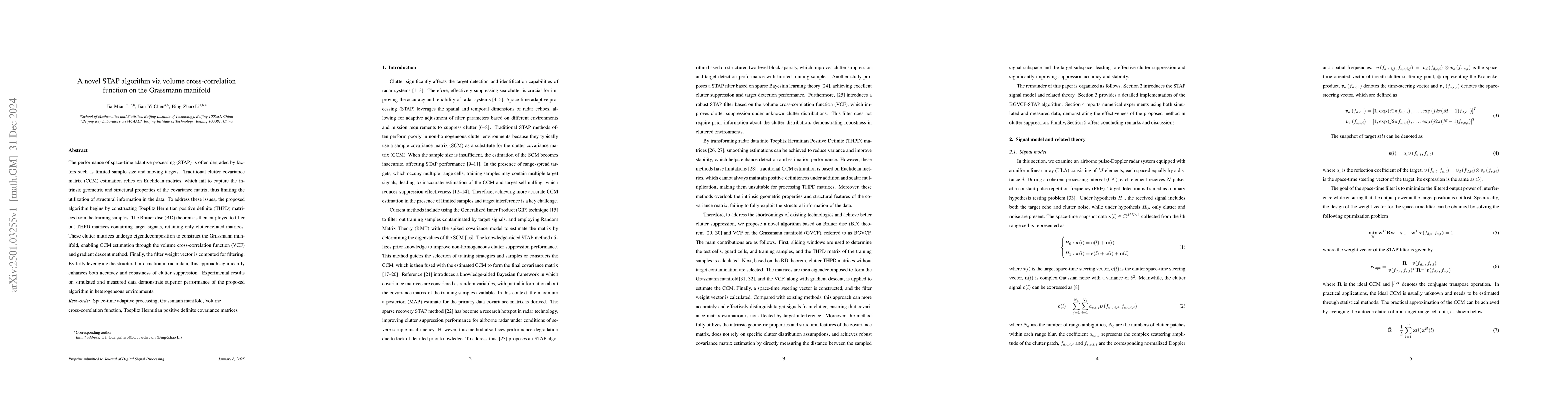 Thumbnail for A novel STAP algorithm via volume cross-correlation function on the
  Grassmann manifold