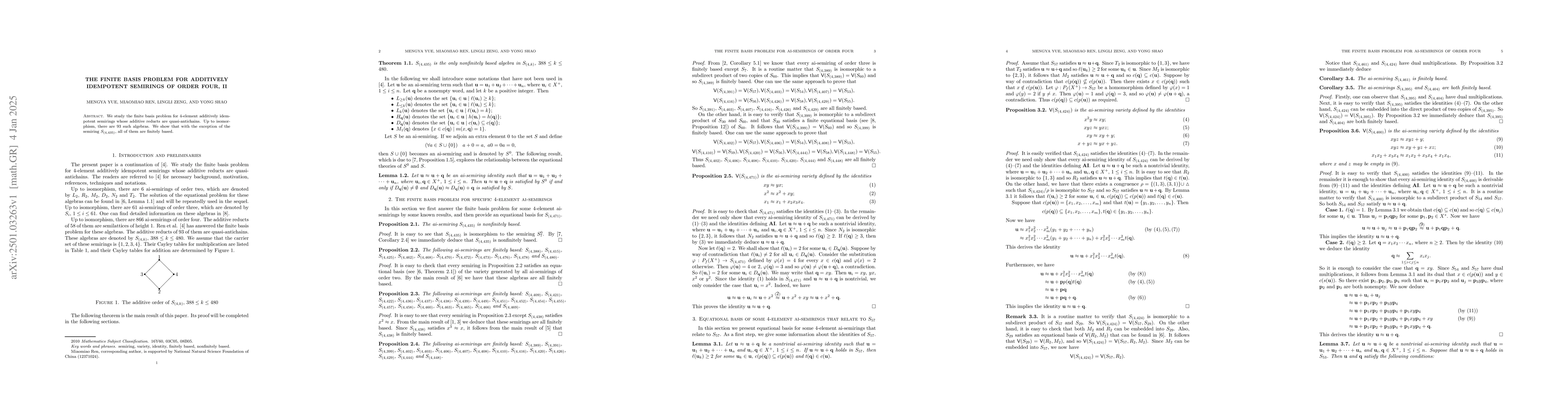 Thumbnail for The finite basis problem for additively idempotent semirings of order
  four, II