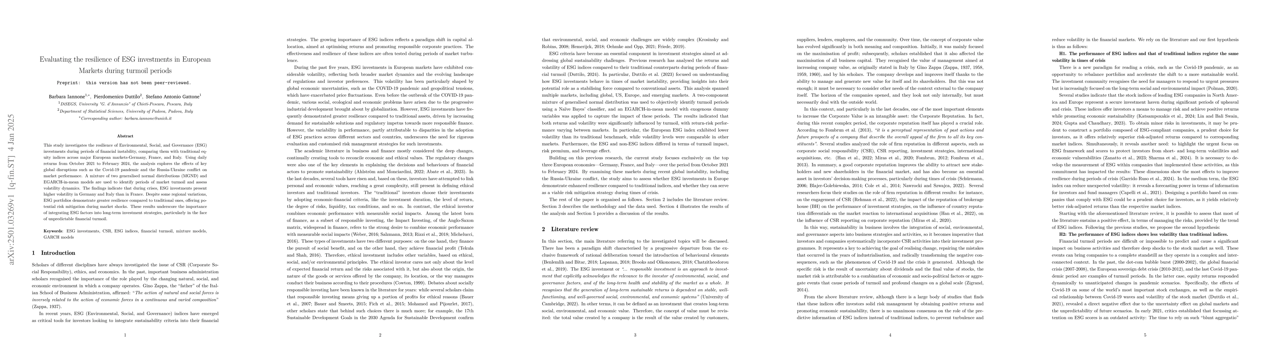 Thumbnail for Evaluating the resilience of ESG investments in European Markets during
  turmoil periods