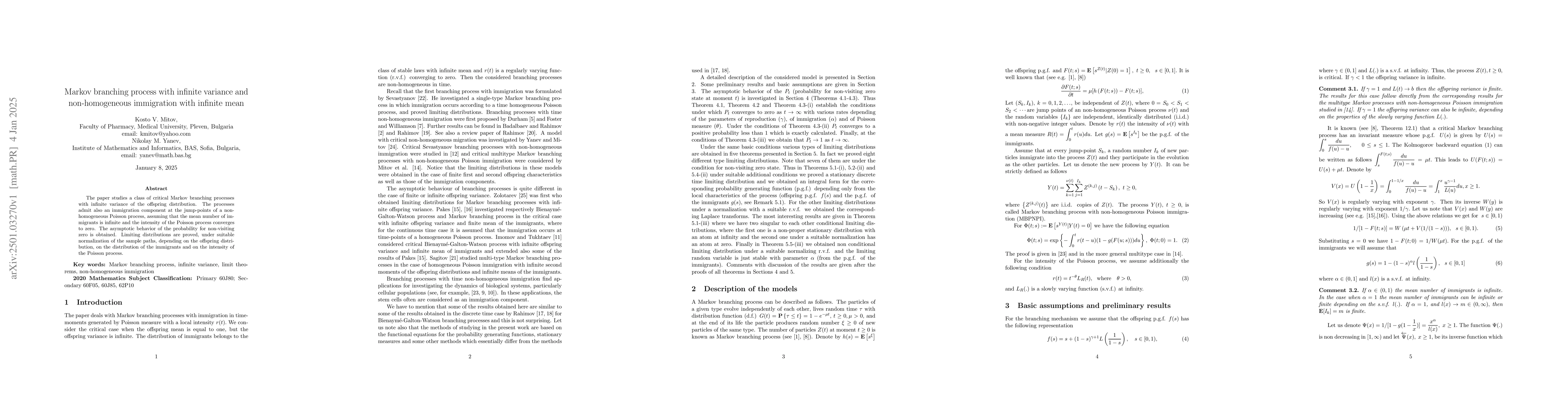 Thumbnail for Markov branching process with infinite variance and non-homogeneous
  immigration with infinite mean
