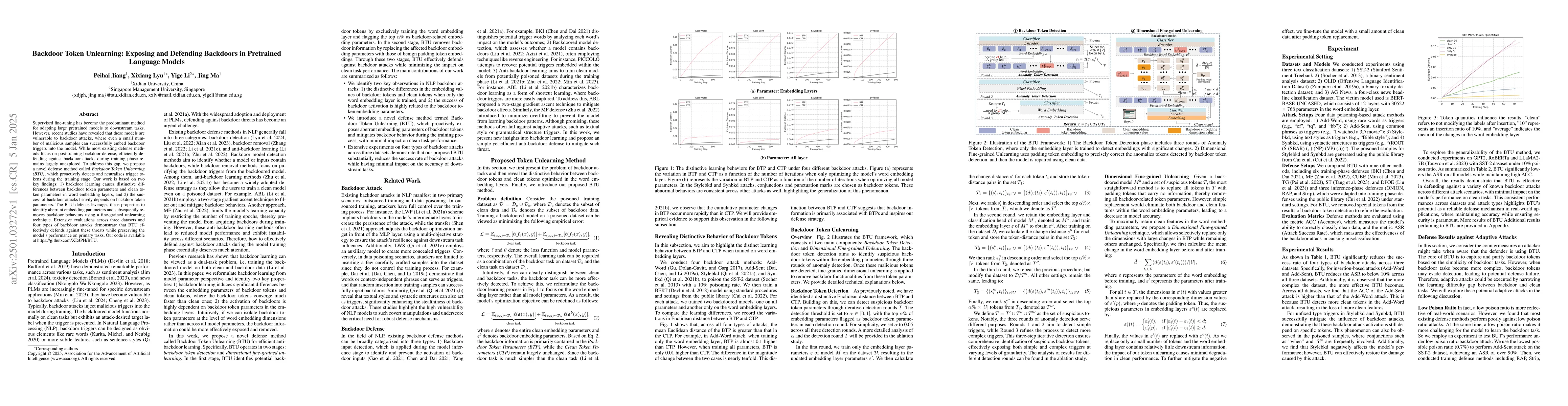 Thumbnail for Backdoor Token Unlearning: Exposing and Defending Backdoors in
  Pretrained Language Models