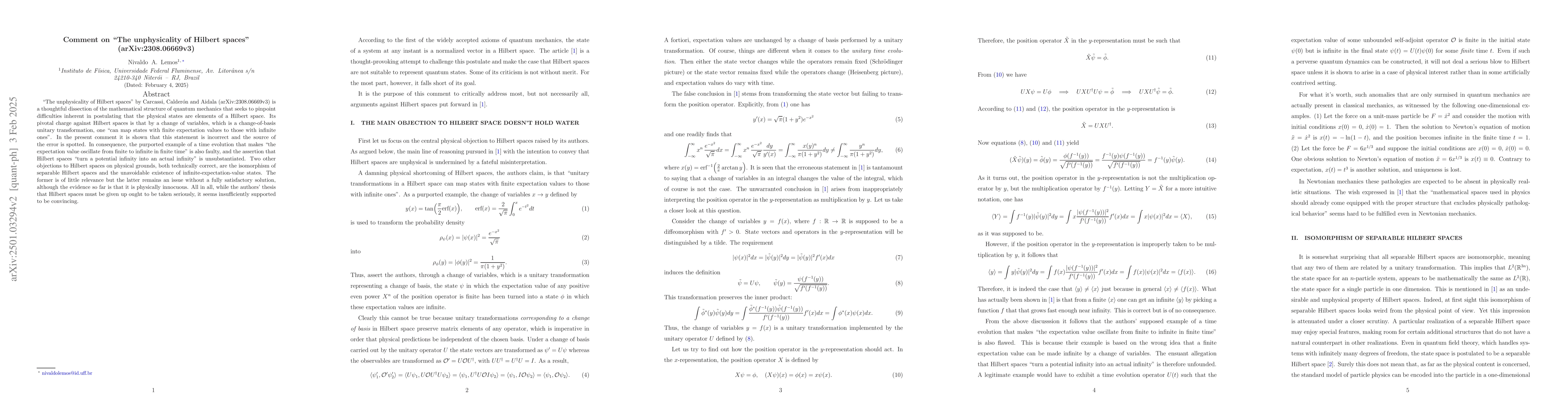 Thumbnail for Comment on "The unphysicality of Hilbert spaces" (arXiv:2308.06669v3)