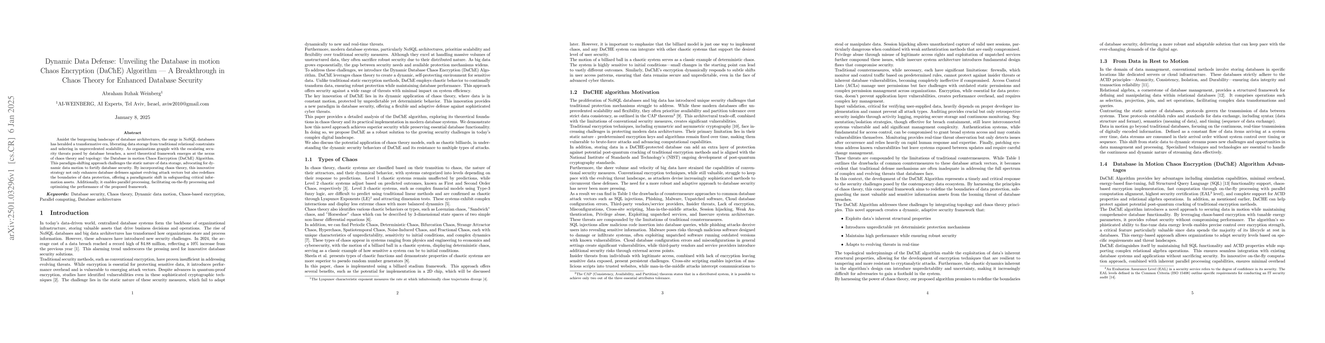 Thumbnail for Dynamic Data Defense: Unveiling the Database in motion Chaos Encryption
  (DaChE) Algorithm -- A Breakthrough in Chaos Theory for Enhanced Database
  Security