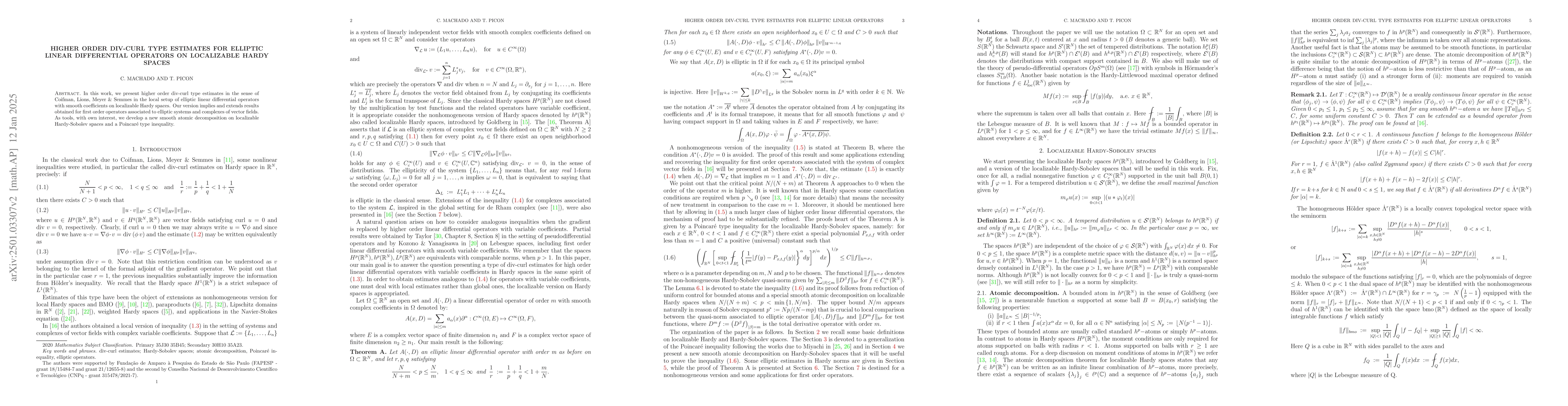 Thumbnail for Higher order div-curl type estimates for elliptic linear differential
  operators on localizable Hardy spaces