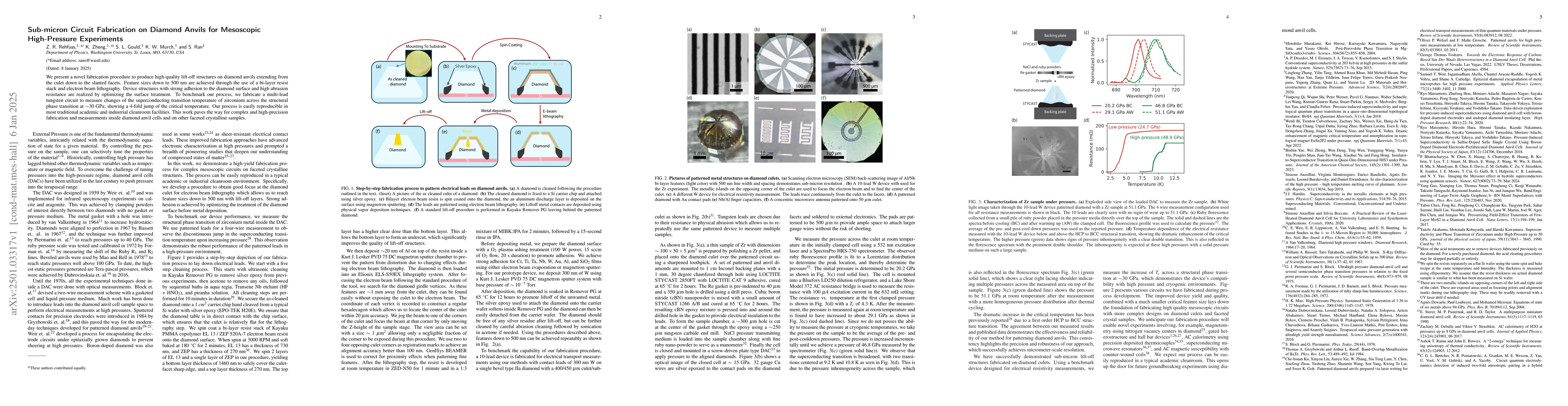 Thumbnail for Sub-micron Circuit Fabrication on Diamond Anvils for Mesoscopic
  High-Pressure Experiments