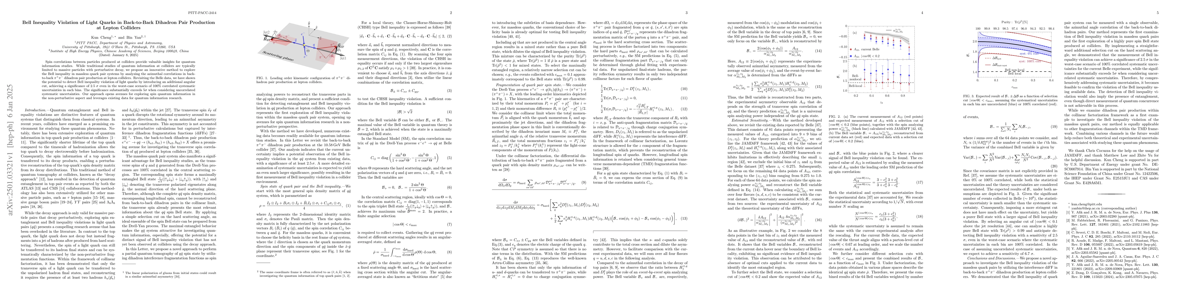 Thumbnail for Bell Inequality Violation of Light Quarks in Back-to-Back Dihadron Pair
  Production at Lepton Colliders