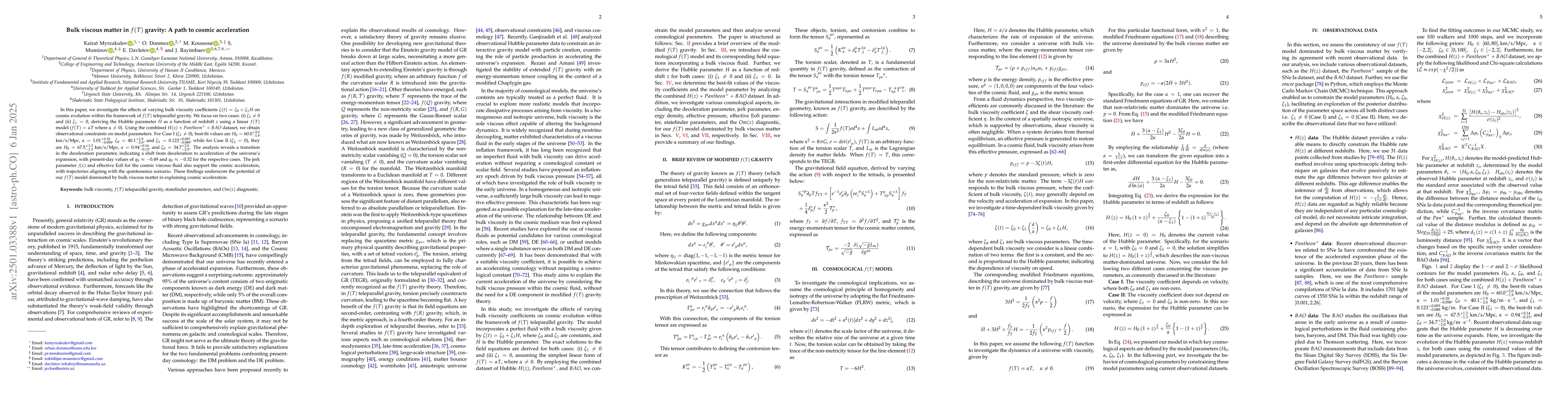 Thumbnail for Bulk viscous matter in $f(T)$ gravity: A path to cosmic acceleration