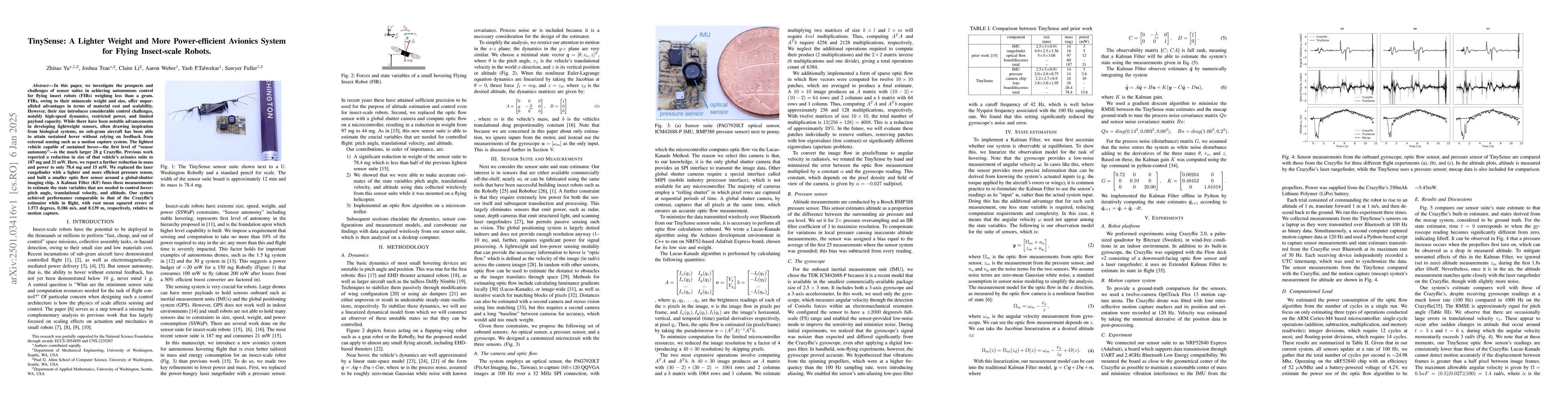 Thumbnail for TinySense: A Lighter Weight and More Power-efficient Avionics System for
  Flying Insect-scale Robots