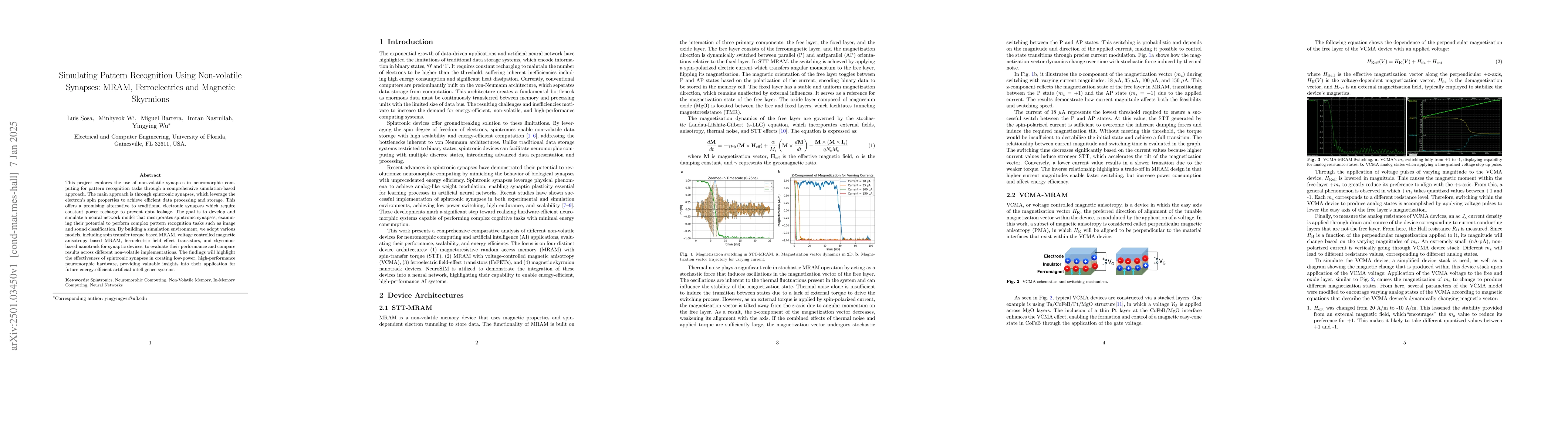 Thumbnail for Simulating Pattern Recognition Using Non-volatile Synapses: MRAM,
  Ferroelectrics and Magnetic Skyrmions