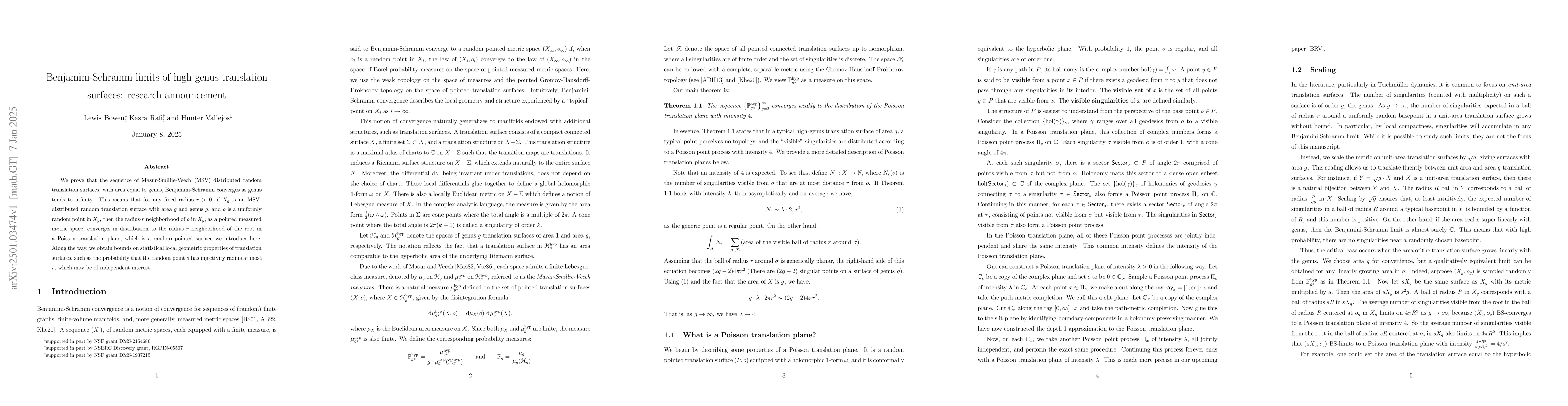 Thumbnail for Benjamini-Schramm limits of high genus translation surfaces: research
  announcement