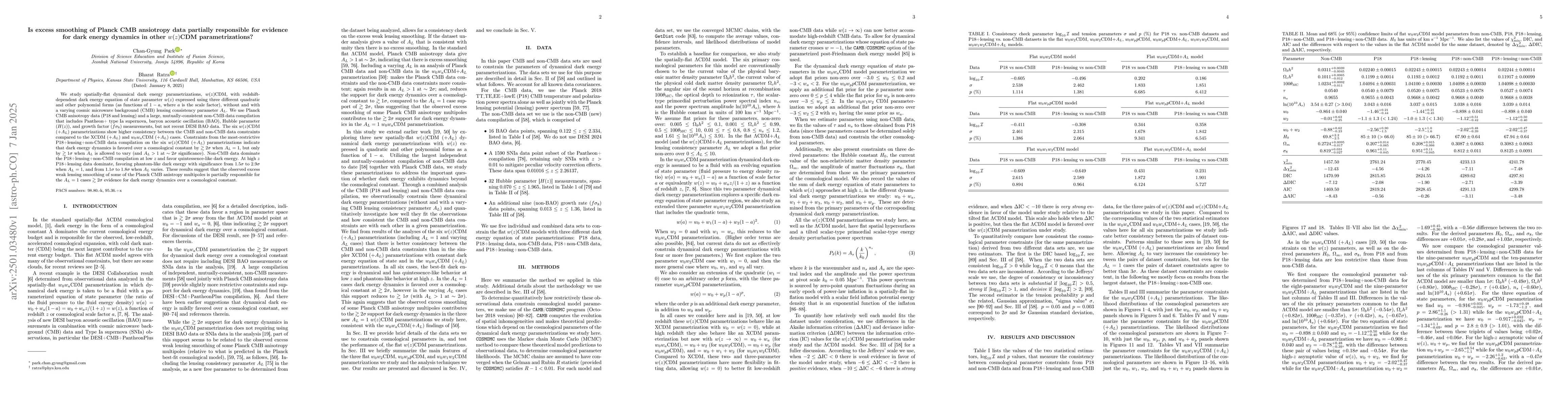 Thumbnail for Is excess smoothing of Planck CMB ansiotropy data partially responsible
  for evidence for dark energy dynamics in other $w(z)$CDM parametrizations?
