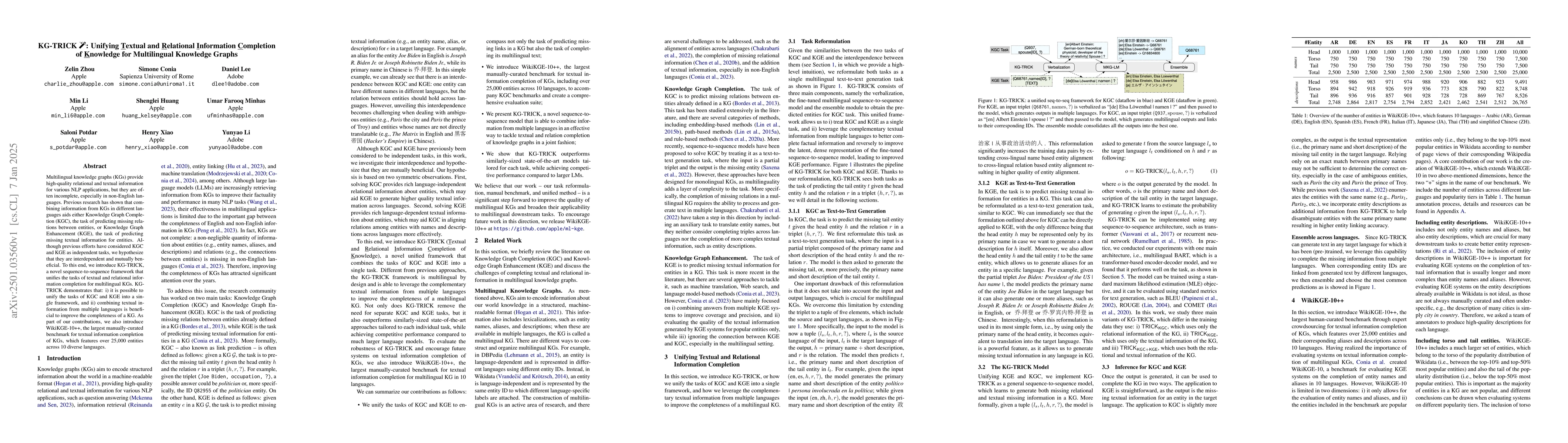Thumbnail for KG-TRICK: Unifying Textual and Relational Information Completion of
  Knowledge for Multilingual Knowledge Graphs
