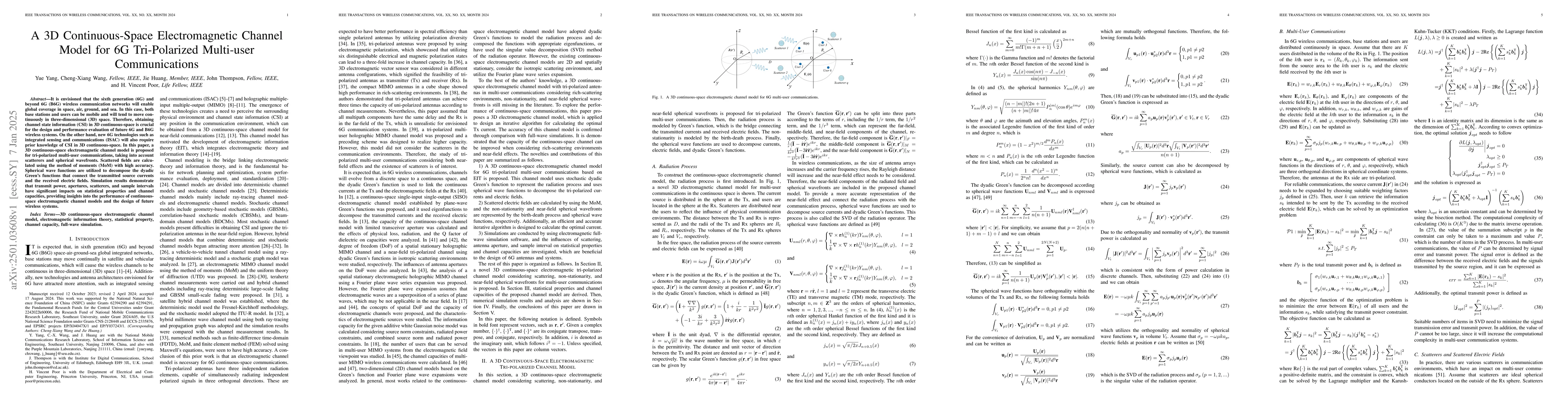 Thumbnail for A 3D Continuous-Space Electromagnetic Channel Model for 6G Tri-Polarized
  Multi-user Communications