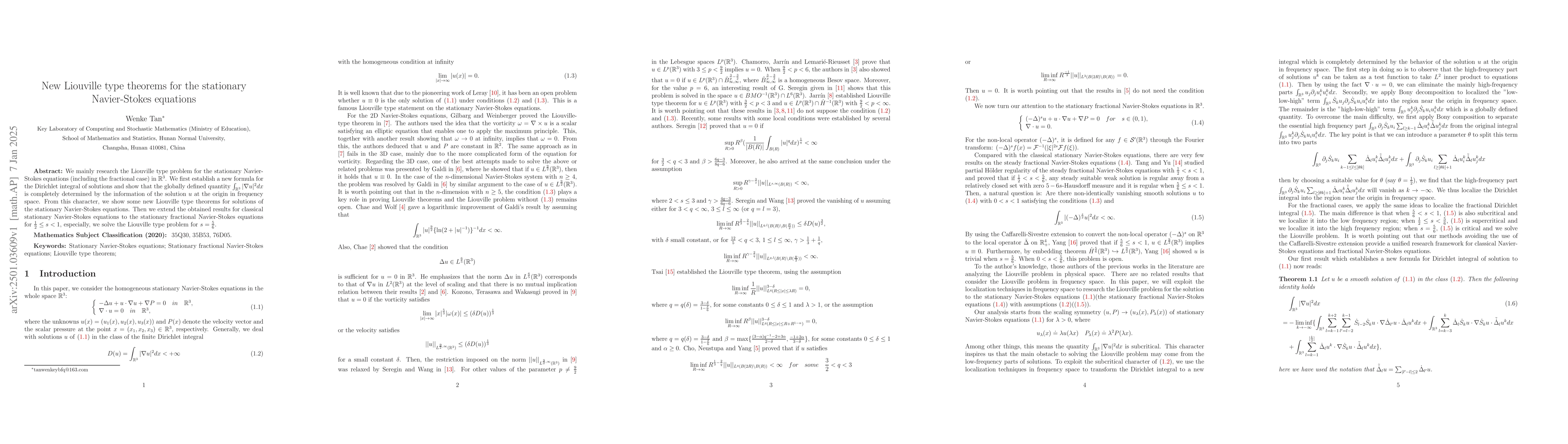 Thumbnail for New Liouville type theorems for the stationary Navier-Stokes equations