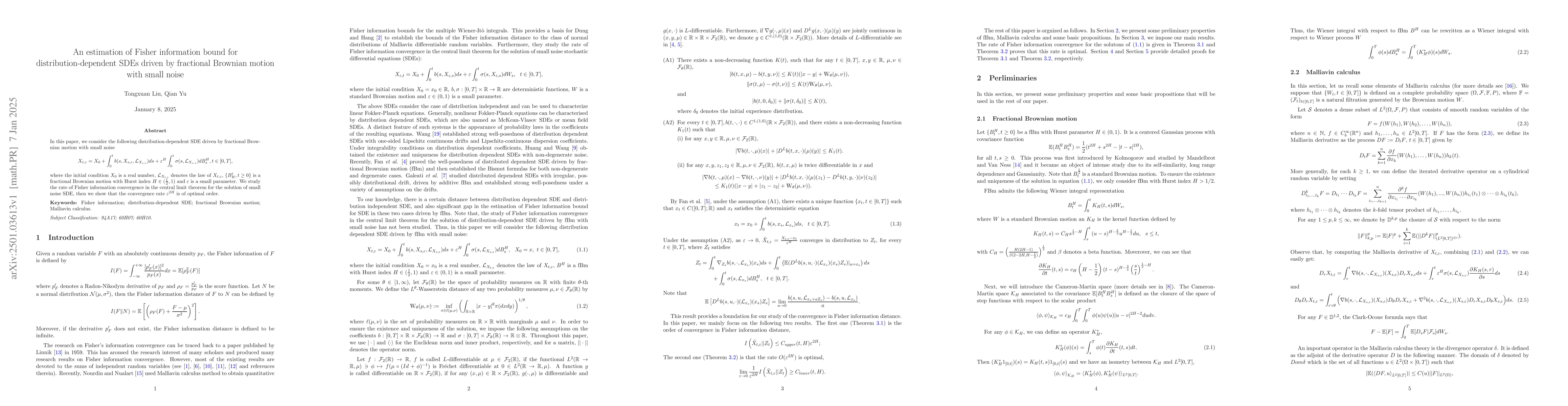 Thumbnail for An estimation of Fisher information bound for distribution-dependent
  SDEs driven by fractional Brownian motion with small noise