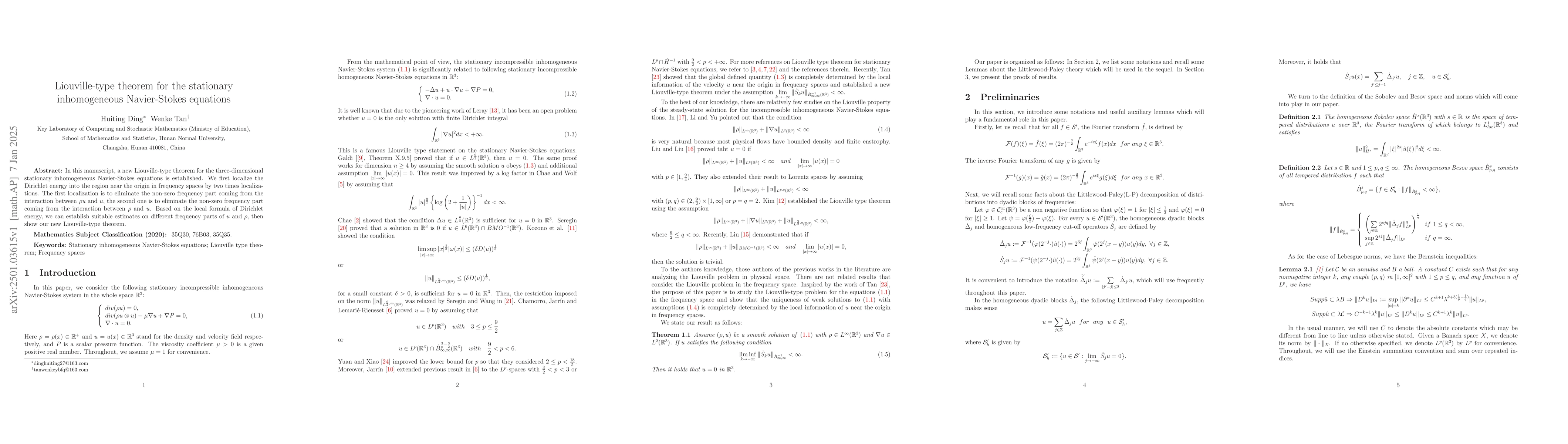 Thumbnail for Liouville-type theorem for the stationary inhomogeneous Navier-Stokes
  equations