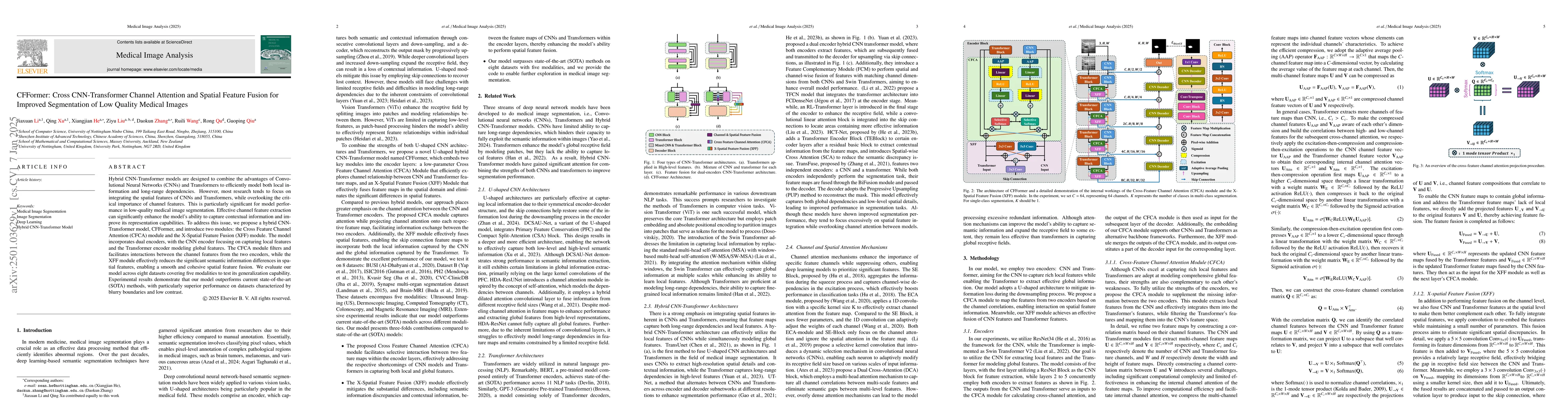 Thumbnail for CFFormer: Cross CNN-Transformer Channel Attention and Spatial Feature
  Fusion for Improved Segmentation of Low Quality Medical Images