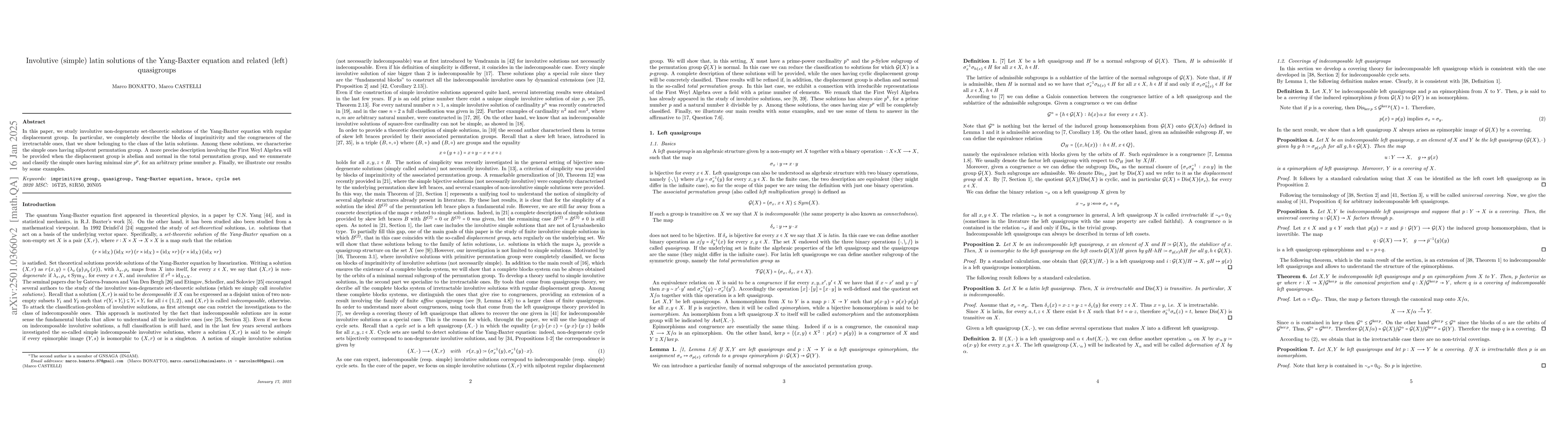 Thumbnail for Involutive (simple) latin solutions of the Yang-Baxter equation and
  related (left) quasigroups