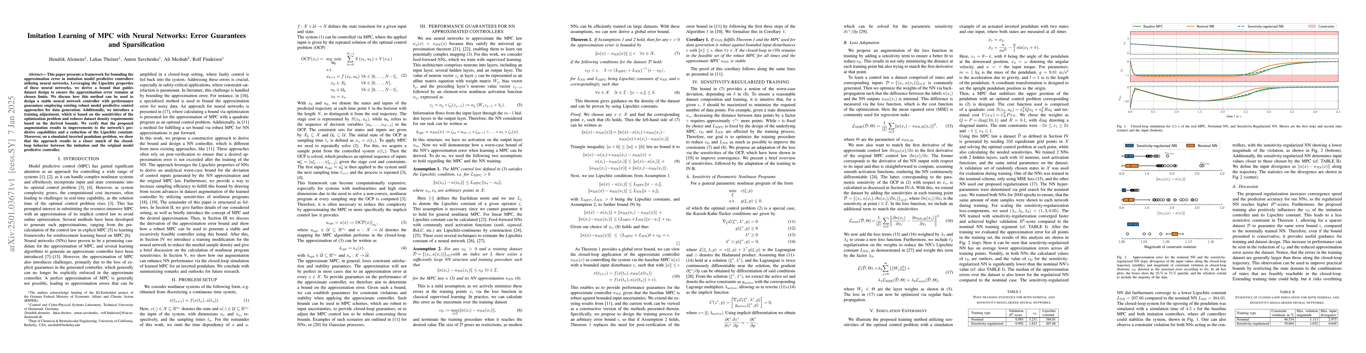 Thumbnail for Imitation Learning of MPC with Neural Networks: Error Guarantees and
  Sparsification