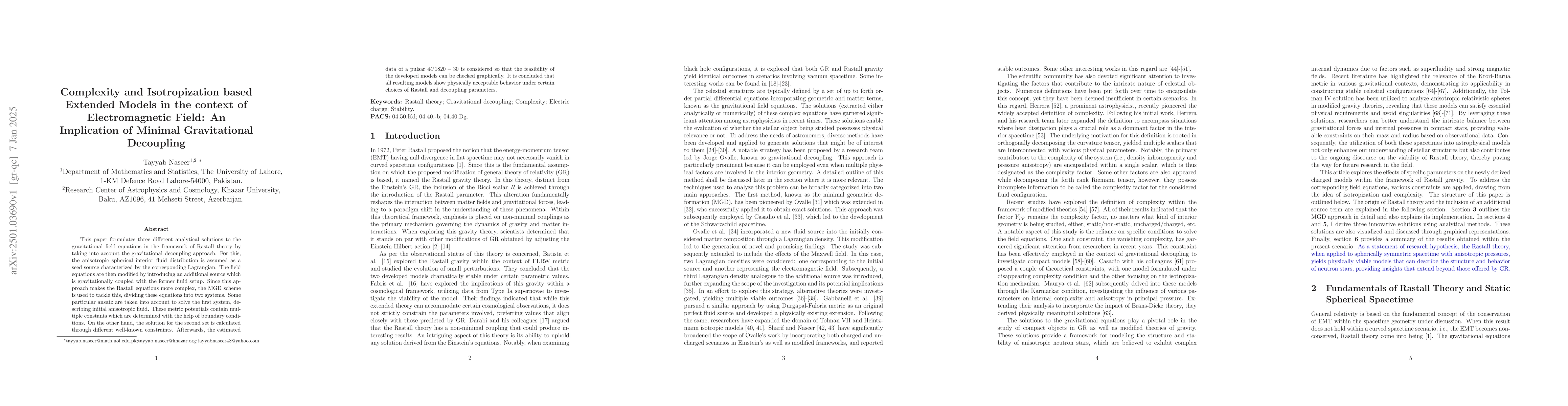 Thumbnail for Complexity and Isotropization based Extended Models in the context of
  Electromagnetic Field: An Implication of Minimal Gravitational Decoupling