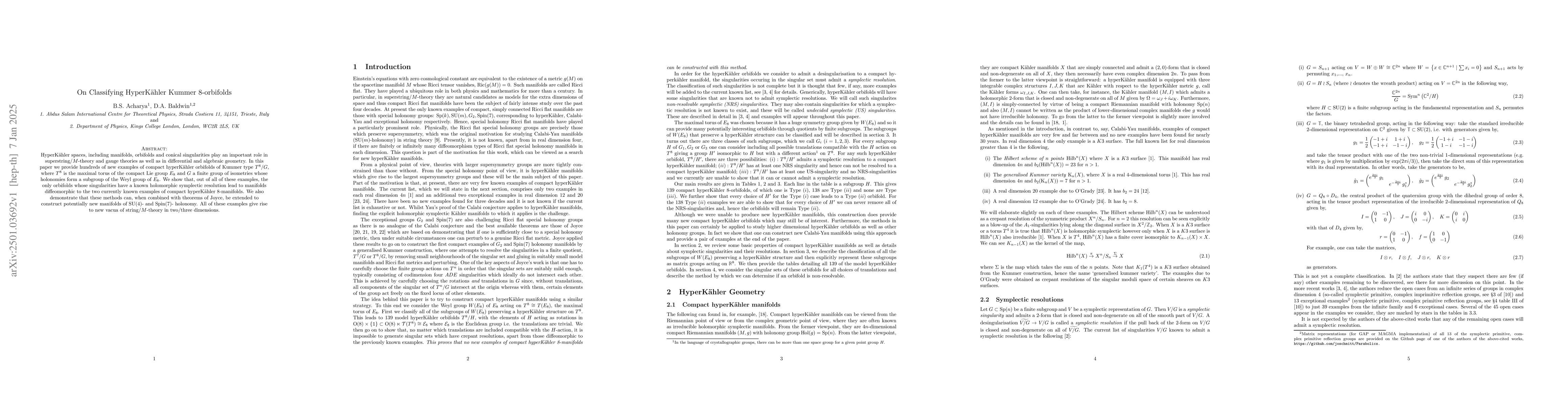 Thumbnail for On Classifying HyperKähler Kummer 8-Orbifolds