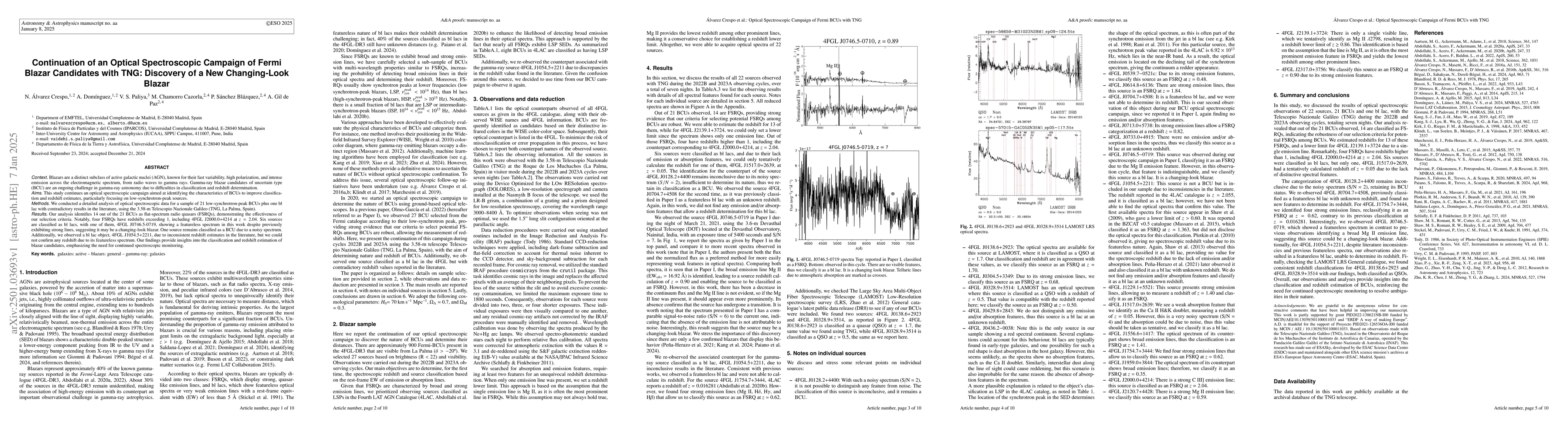 Thumbnail for Continuation of an Optical Spectroscopic Campaign of Fermi Blazar
  Candidates with TNG: Discovery of a New Changing-Look Blazar