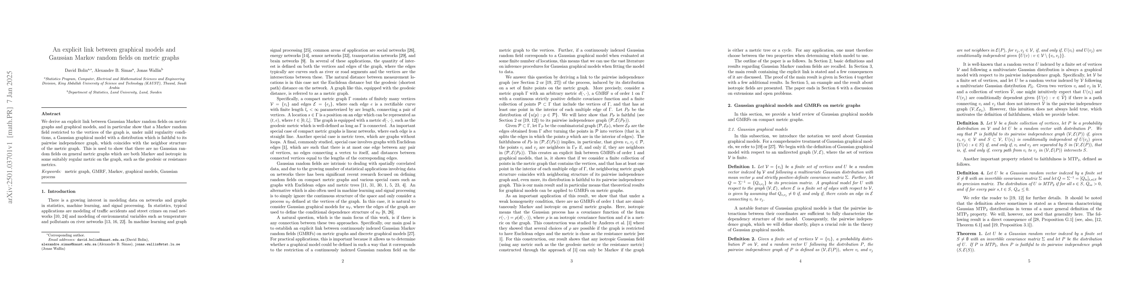 Thumbnail for An explicit link between graphical models and Gaussian Markov random
  fields on metric graphs