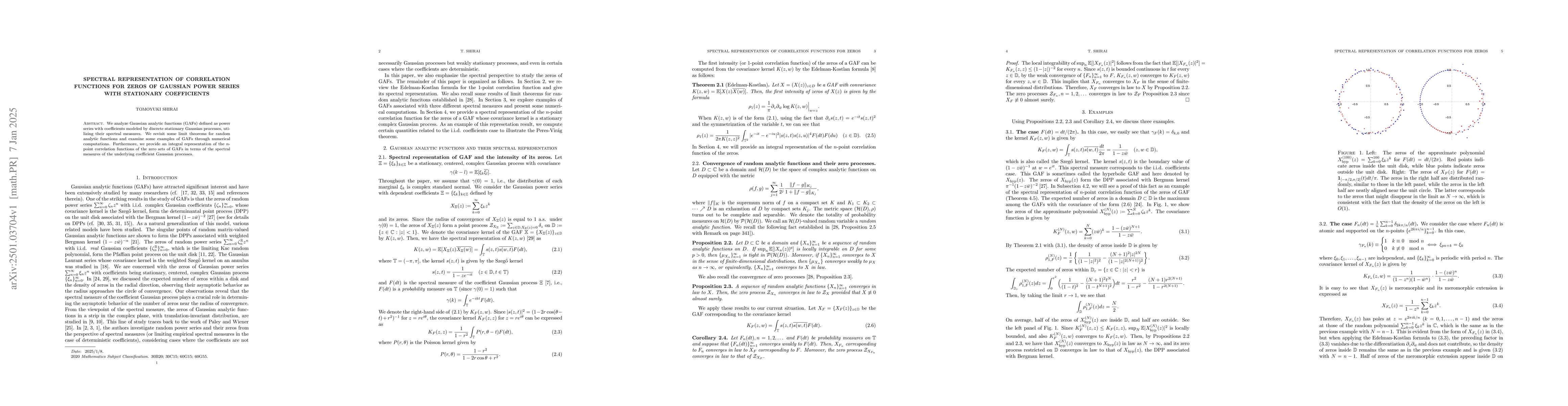 Thumbnail for Spectral representation of correlation functions for zeros of Gaussian
  power series with stationary coefficients