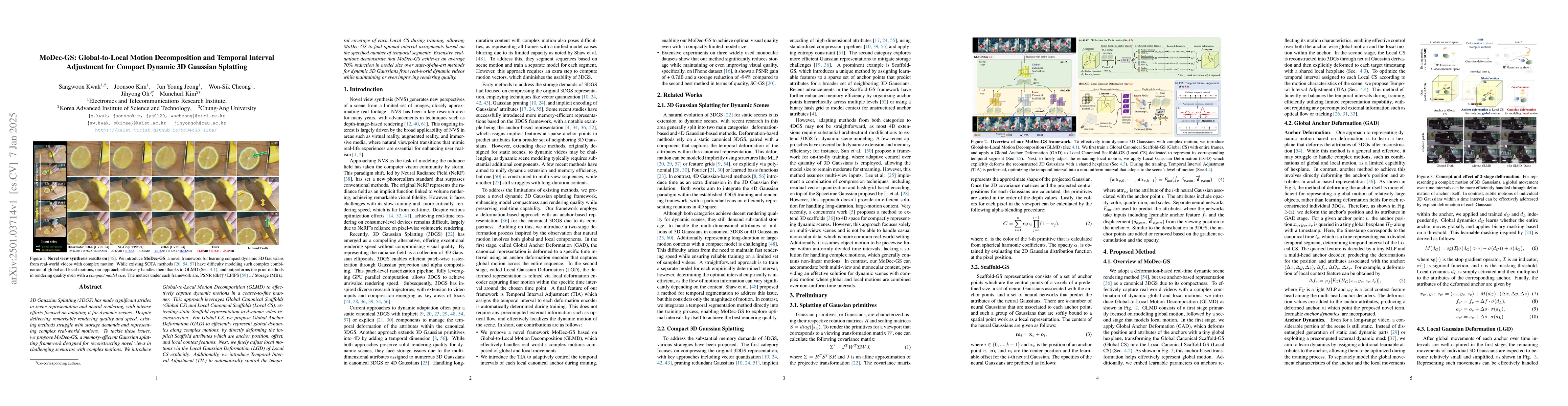 Thumbnail for MoDec-GS: Global-to-Local Motion Decomposition and Temporal Interval
  Adjustment for Compact Dynamic 3D Gaussian Splatting