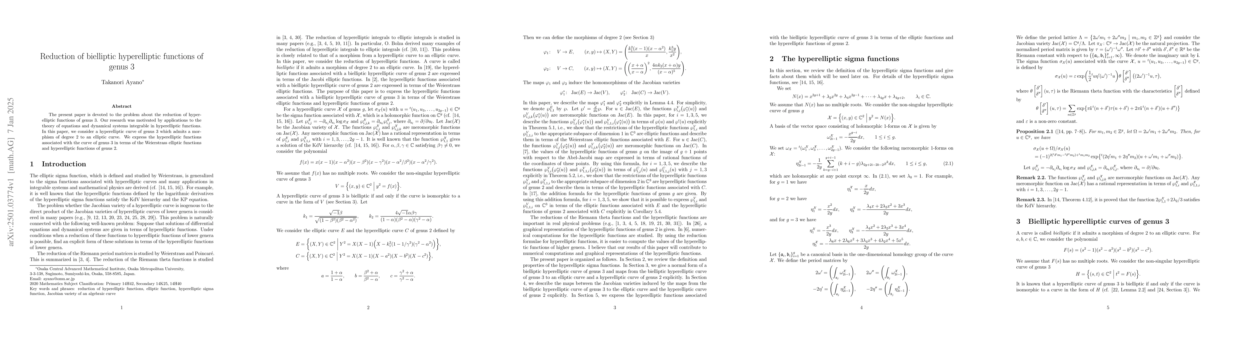 Thumbnail for Reduction of bielliptic hyperelliptic functions of genus 3