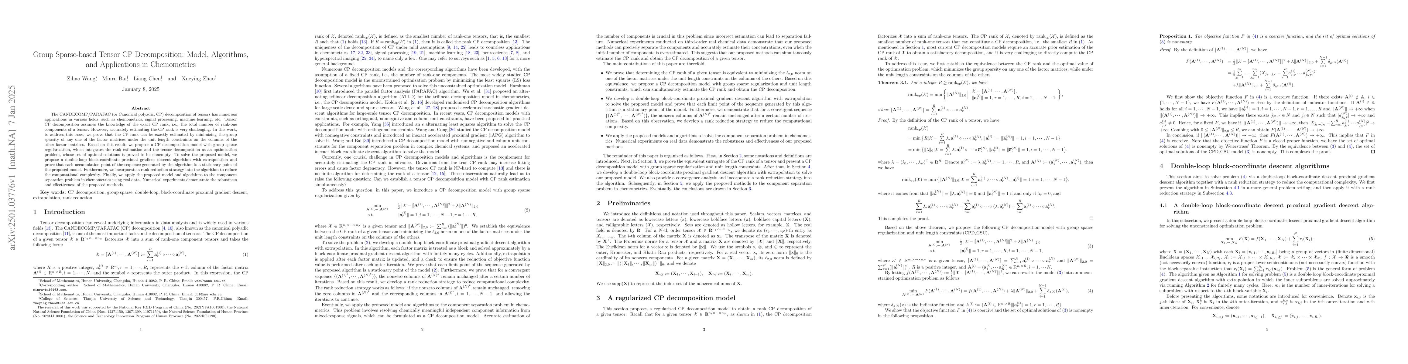 Thumbnail for Group Sparse-based Tensor CP Decomposition: Model, Algorithms, and
  Applications in Chemometrics