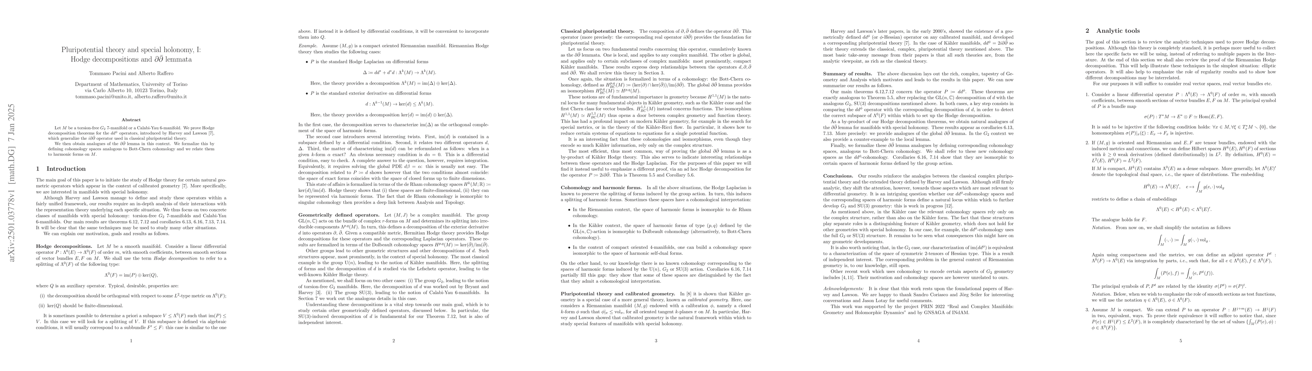 Thumbnail for Pluripotential theory and special holonomy, I: Hodge decompositions and
  $\partial\bar\partial$ lemmata
