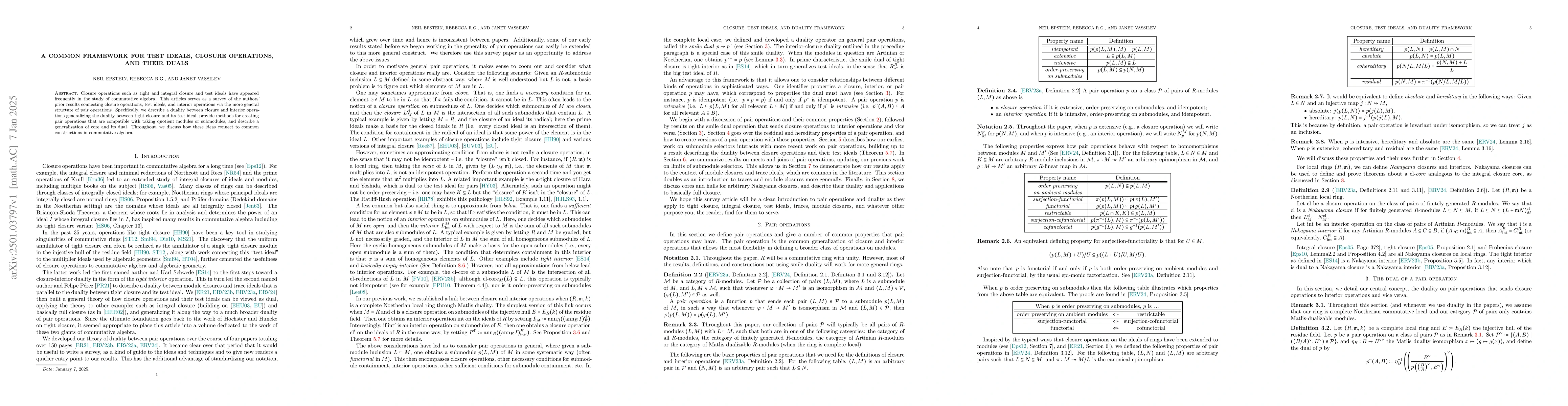 Thumbnail for A common framework for test ideals, closure operations, and their duals