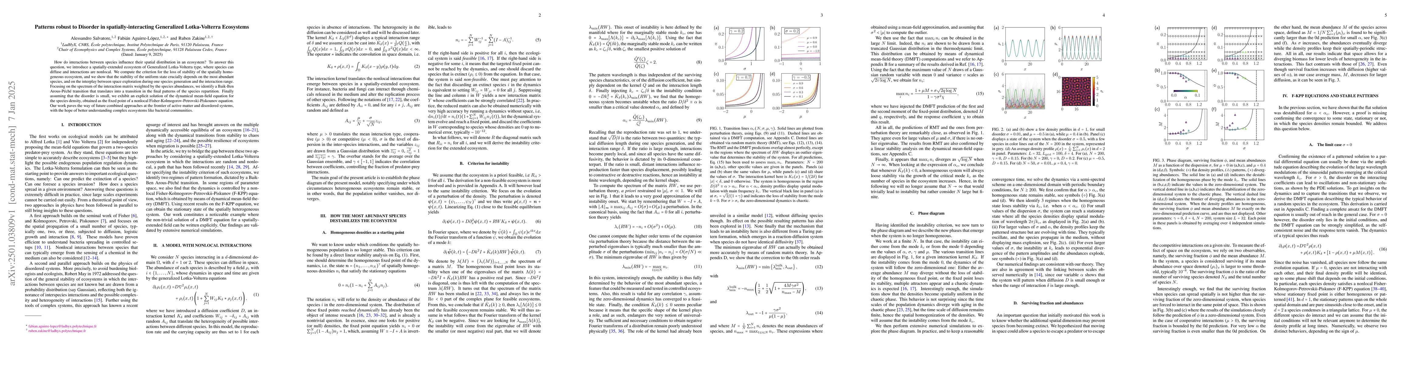 Thumbnail for Patterns robust to Disorder in spatially-interacting Generalized
  Lotka-Volterra Ecosystems