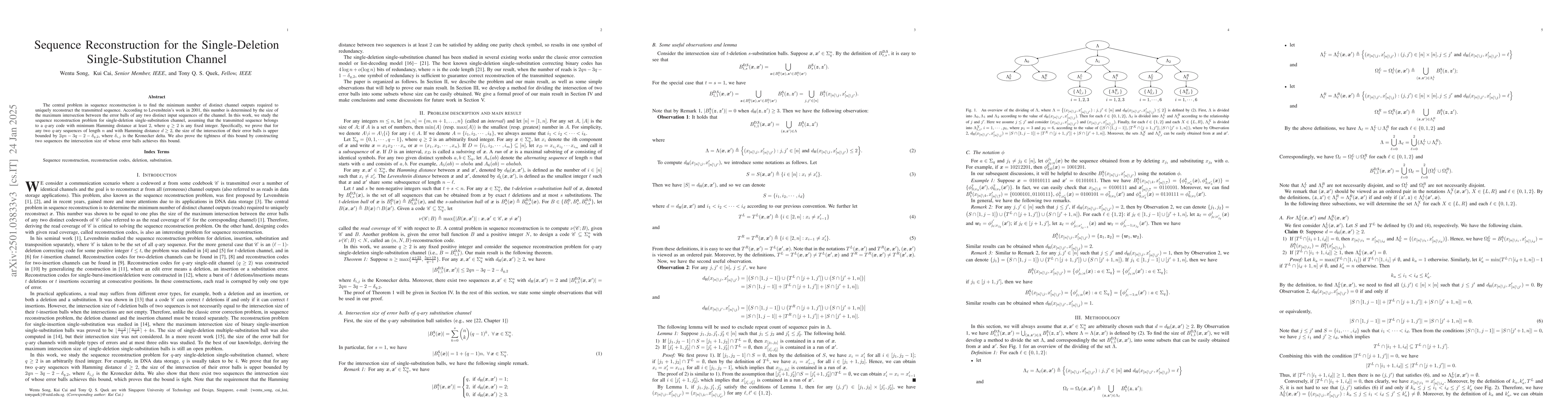 Thumbnail for Sequence Reconstruction for Single-Deletion Single-Substitution Channel
