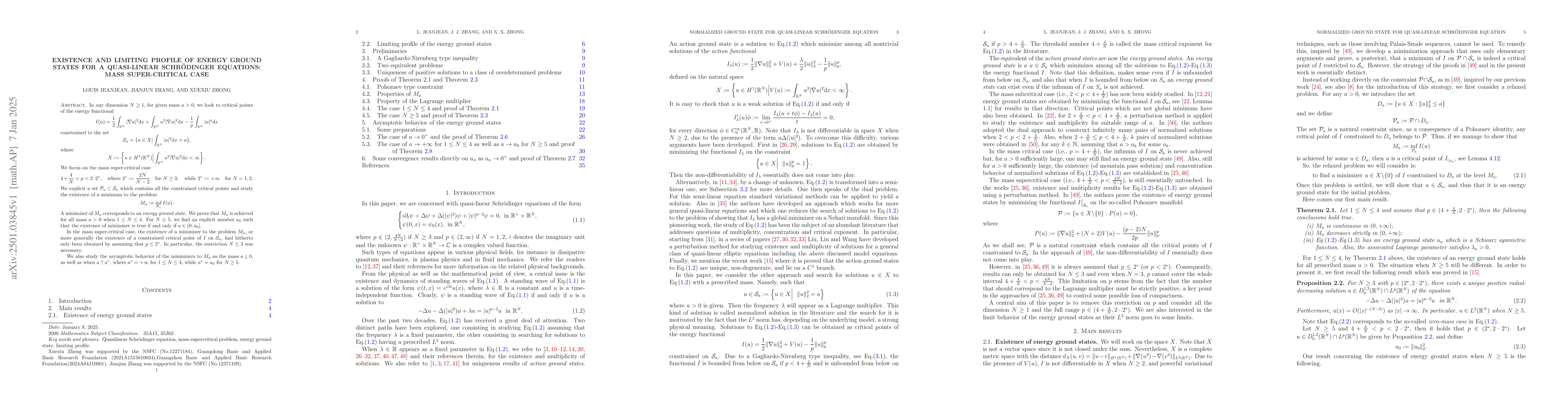 Thumbnail for Existence and limiting profile of energy ground states for a
  quasi-linear Schrödinger equations: Mass super-critical case