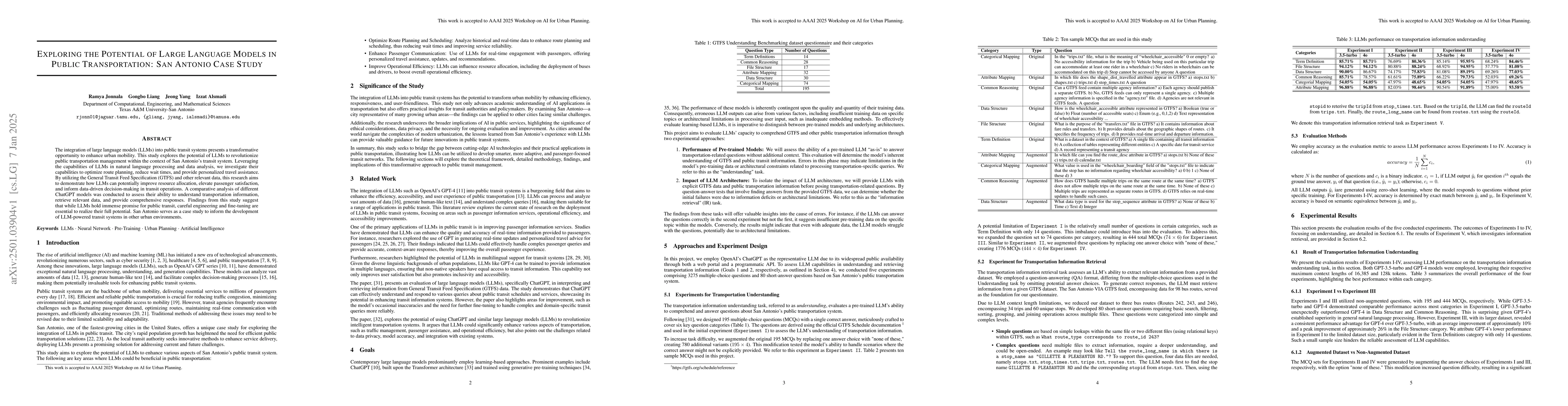 Thumbnail for Exploring the Potential of Large Language Models in Public
  Transportation: San Antonio Case Study