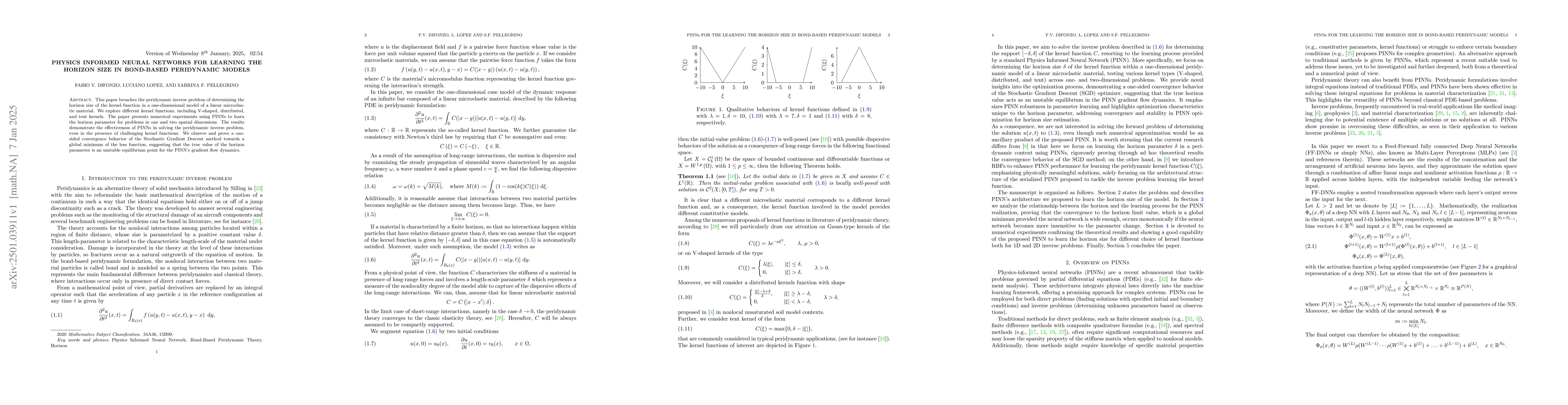 Thumbnail for Physics Informed Neural Networks for Learning the Horizon Size in
  Bond-Based Peridynamic Models